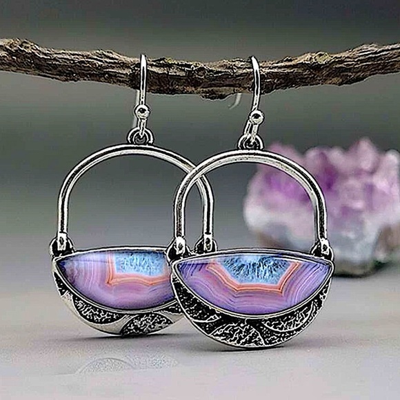 Vintage Handmade Silver Purple Hollow Out Boho Dangle Earrings - Picture 1 of 5
